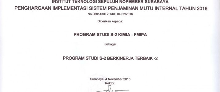 Program Magister Kimia Raih Penghargaan Prodi Berkinerja Terbaik Tahun 2016